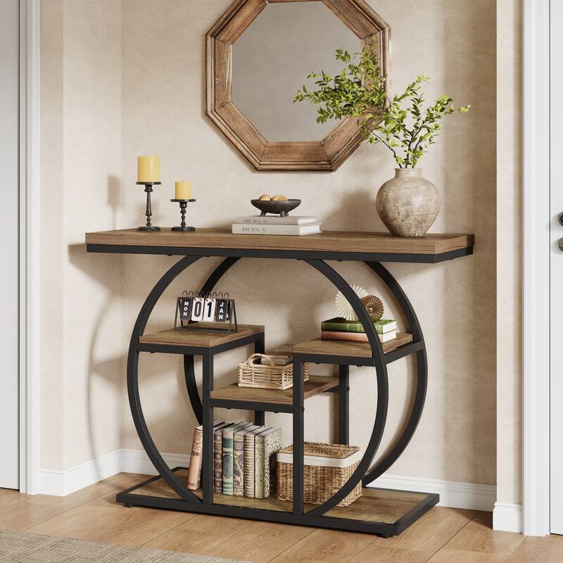 41.3" Industrial Console Sofa Table, 4-Tier Narrow Wood Accent Table - Brown + Black 