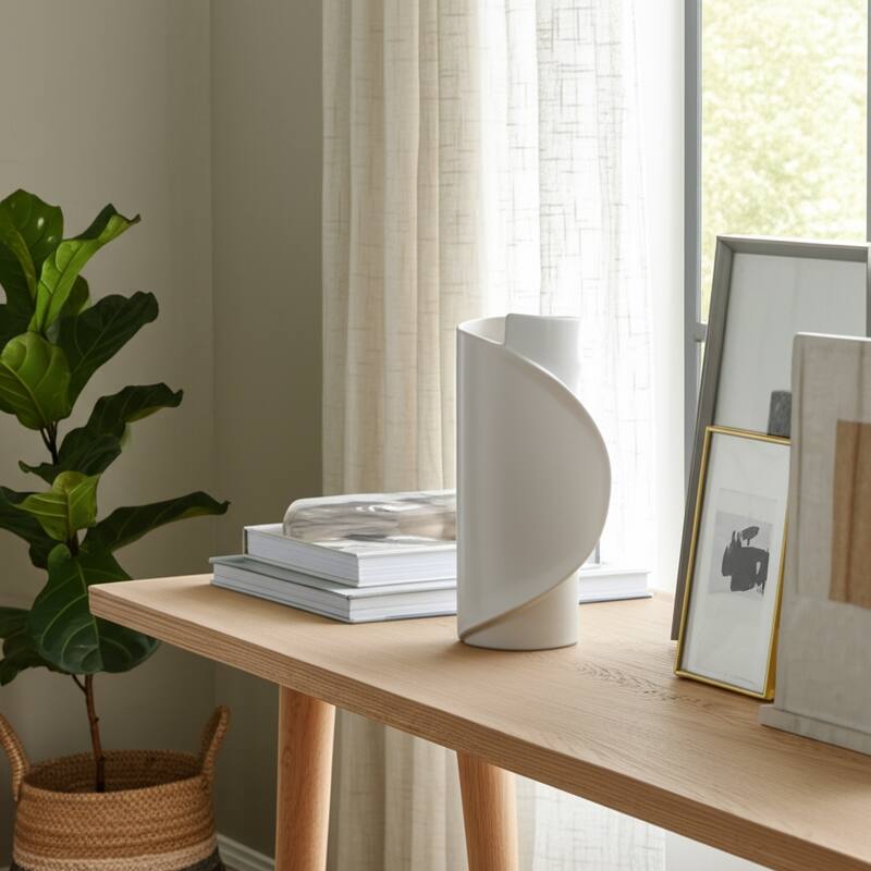 Ceramic Stoneware Vase Sculptural Curved Silhouette Modern Design - White - 7.5" x 5.5" x 13.5"