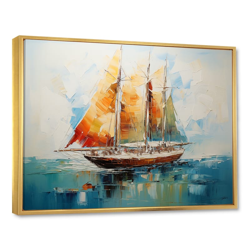 Designart "Moonlight Saiboat Horizon I" Boat Sailing Orange Wall Decor - Modern Entryway Framed Wall Art
