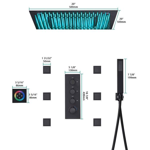 Matte black 20 inch 64 LED color light rain head 3 way thermostatic ...