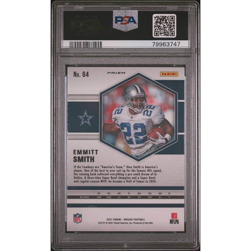 Emmitt Smith 2021 Panini Mosaic Reactive Yellow Football Card #64 Graded PSA 10 - 8'6" x 11'6"