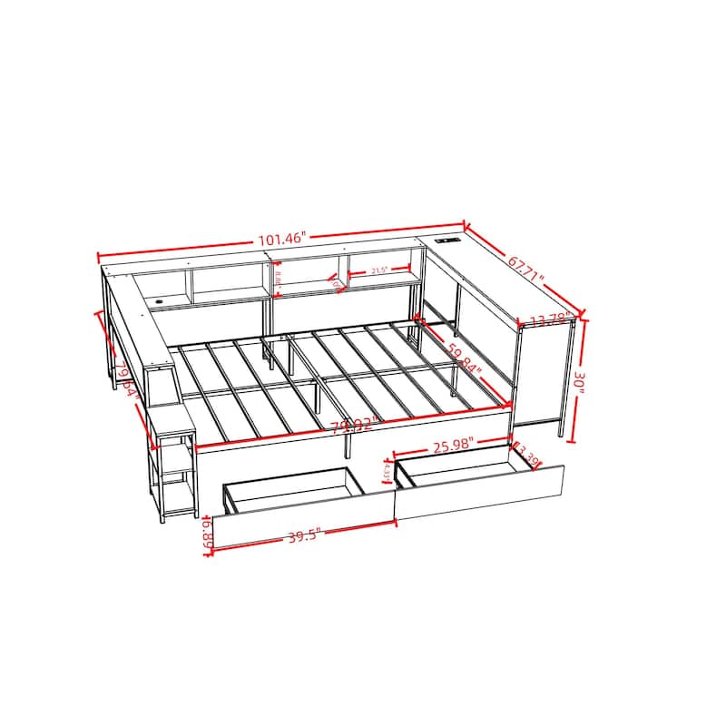 Twin/Full/Queen Corner Bed Frame with LED Lights, Charging Station, Bookcase & 2 Underbed Storage Drawers, Modern Platform Bed