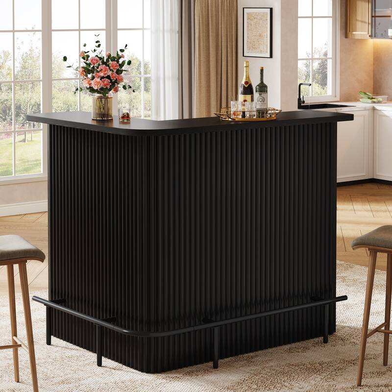 L Shaped Bar Table with Metal Footrest, 4-Tier Home Bar Unit - Black
