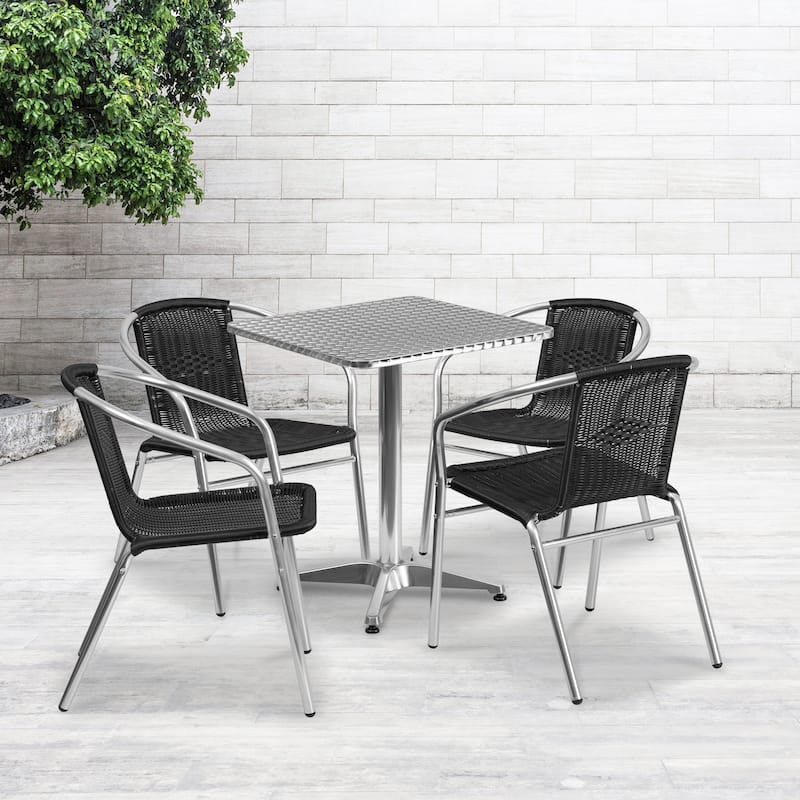 23.5'' Square Aluminum Indoor-Outdoor Table Set with 4 Rattan Chairs - Black