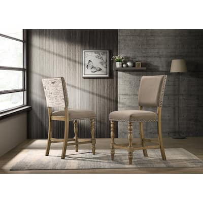 Roundhill Furniture Birmingham Script Printed Driftwood Finish Counter Height Dining Chair with Nail head, Set of 2