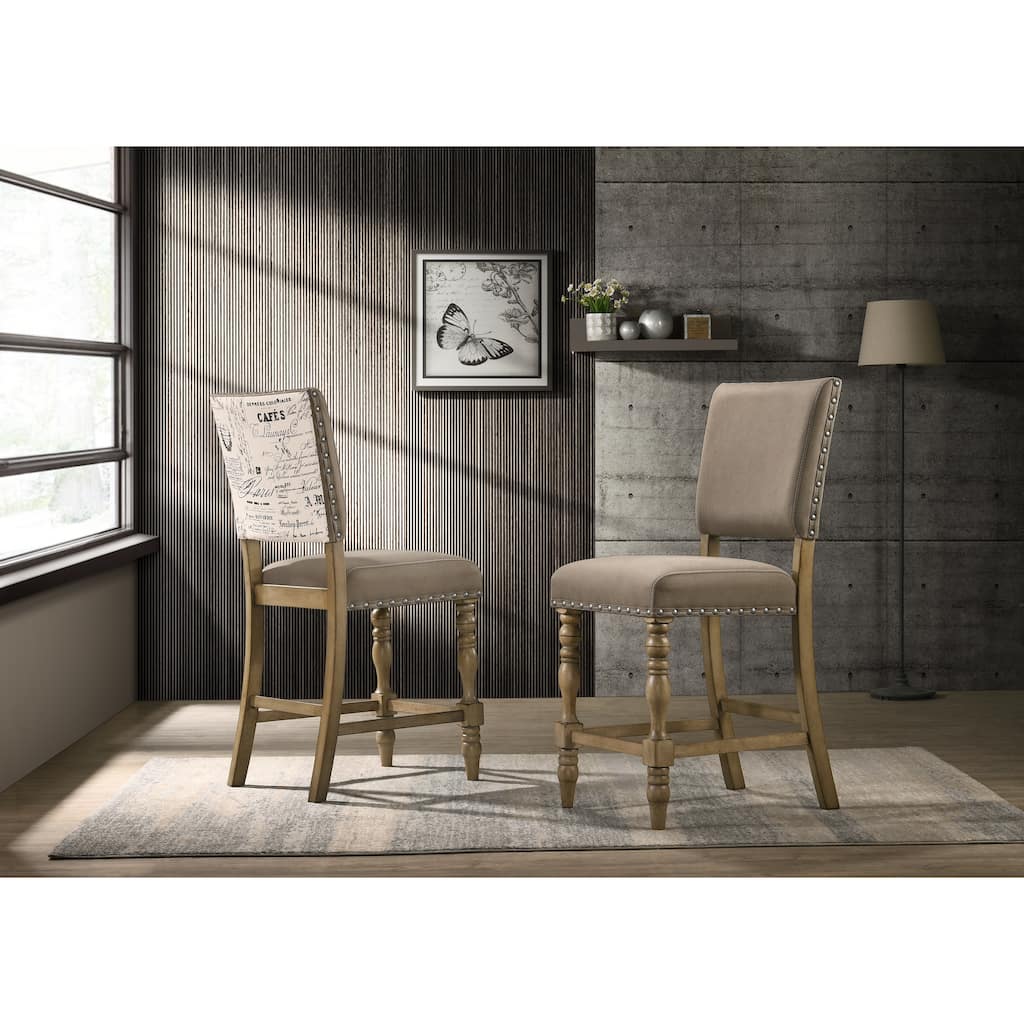 Roundhill Furniture Birmingham Script Printed Driftwood Finish Counter Height Dining Chair with Nail head, Set of 2