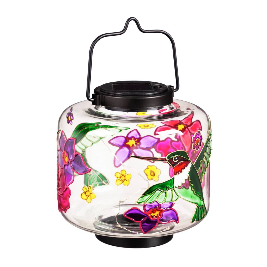 Solar Glass Lantern with Hummingbird Art