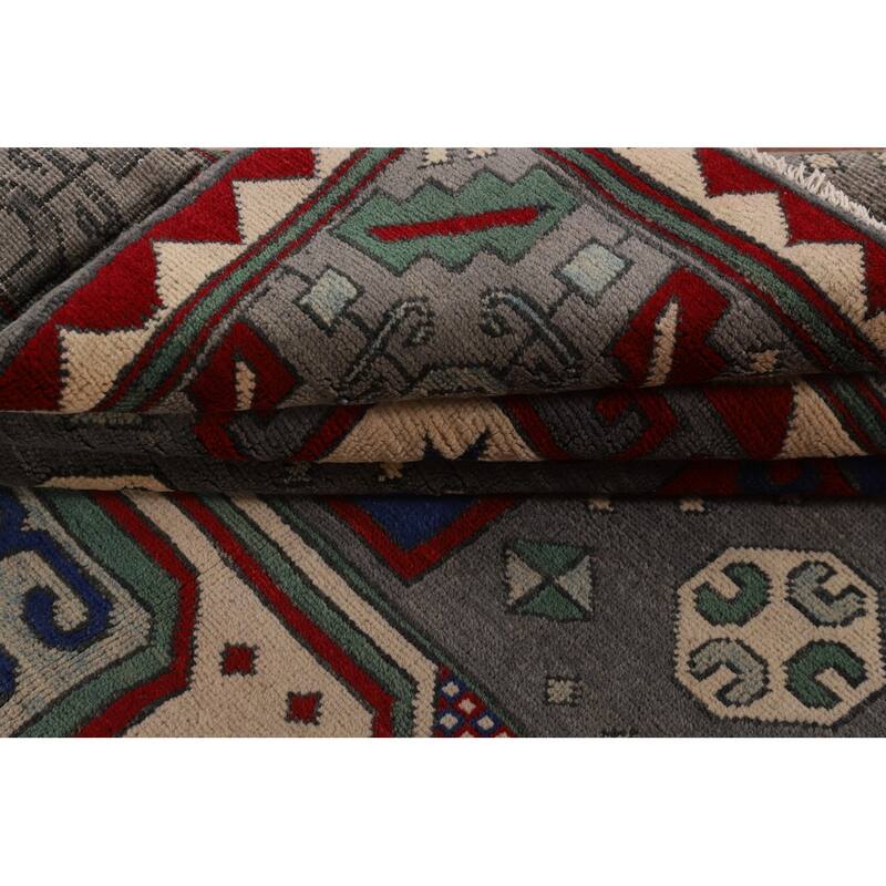 Geometric Gray Kazak Oriental Area Rug Handmade Wool Carpet - 6'4" x 10'0"