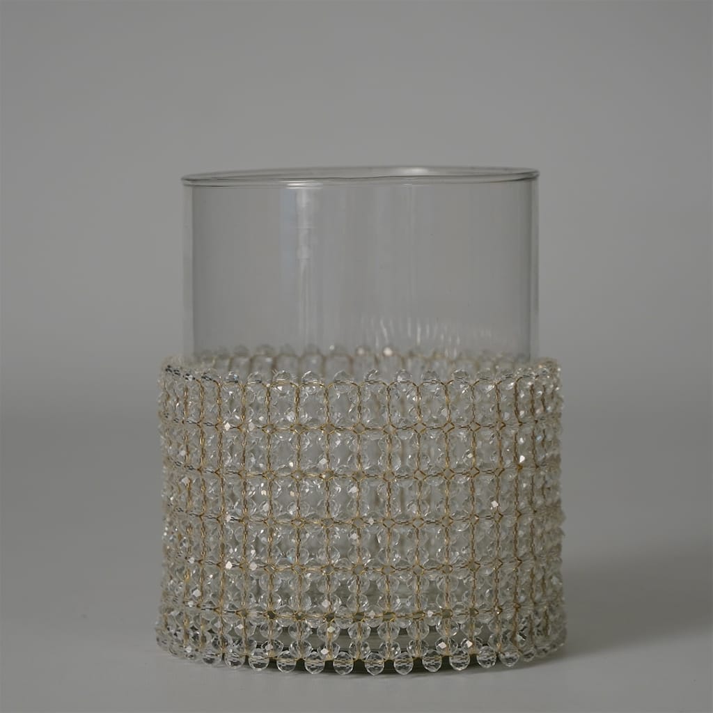Beaded Glass Votive Candle Holder - 5" - Clear and Gold