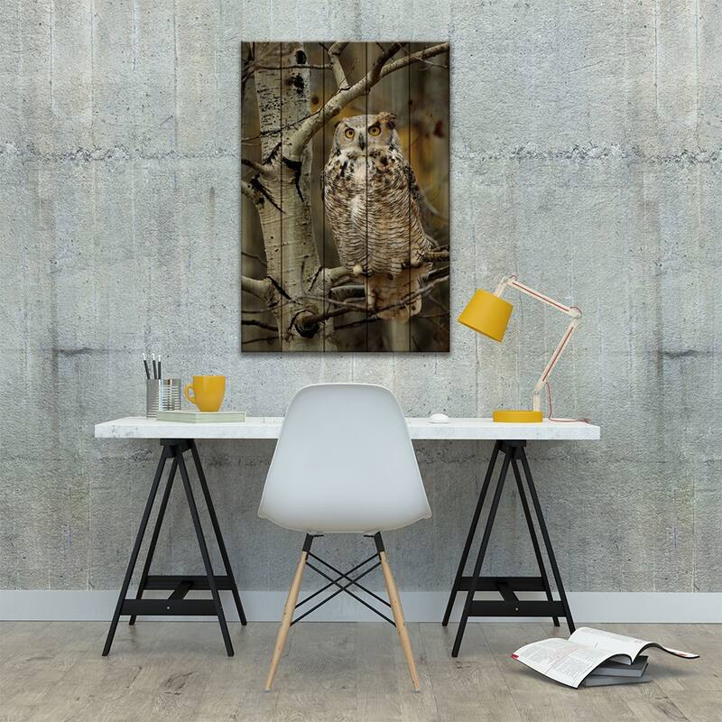 Great Horned Owl Pale Form, Perched In Tree, Alberta, Canada Print On Wood by Tim Fitzharris - Multi-Color