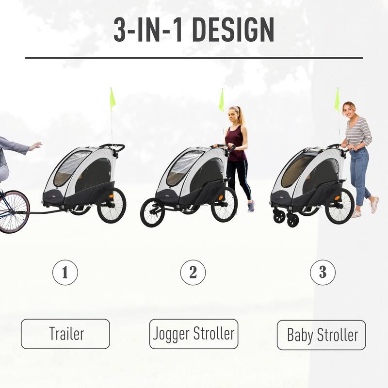 Aosom 3-in-1 Folding Child Bike Trailer Jogging & Baby Stroller with Shock Absorbing Frame & Adjustable Handlebar