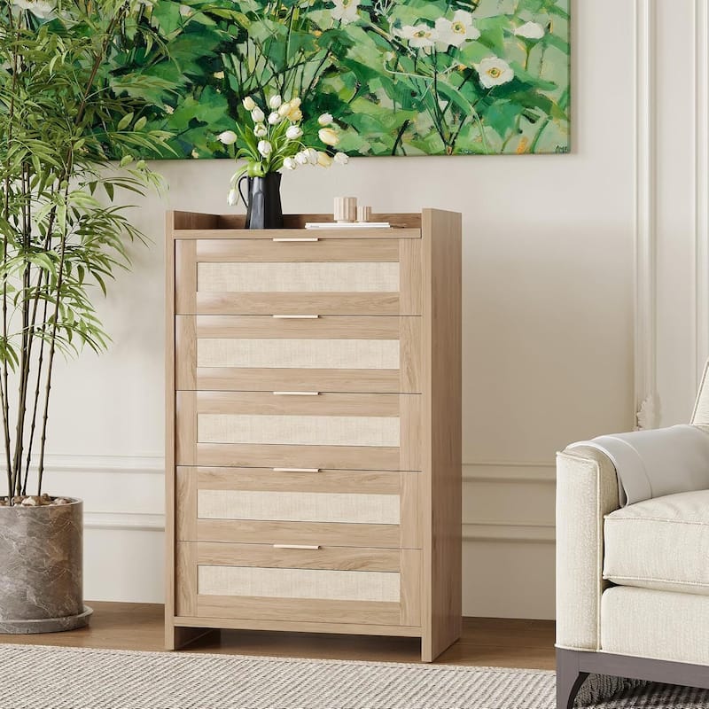 Boho 5 Drawer Dresser Storage Cabinet for Bedroom Living Room Hallway - Almond