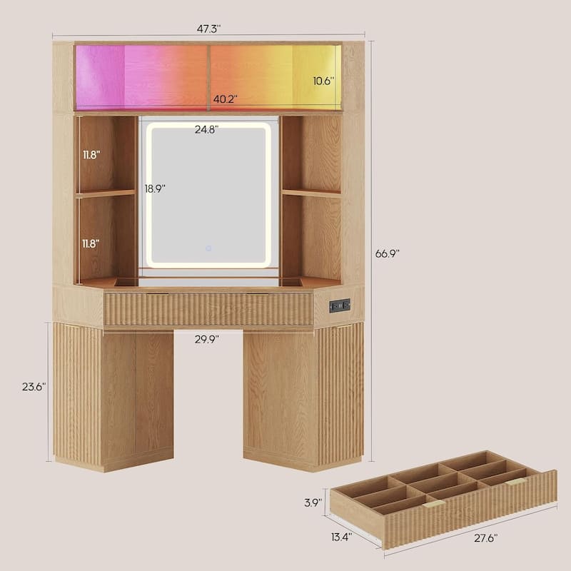 Corner Vanity Desk with Lighted Mirror Drawers Shelves Storage Stool