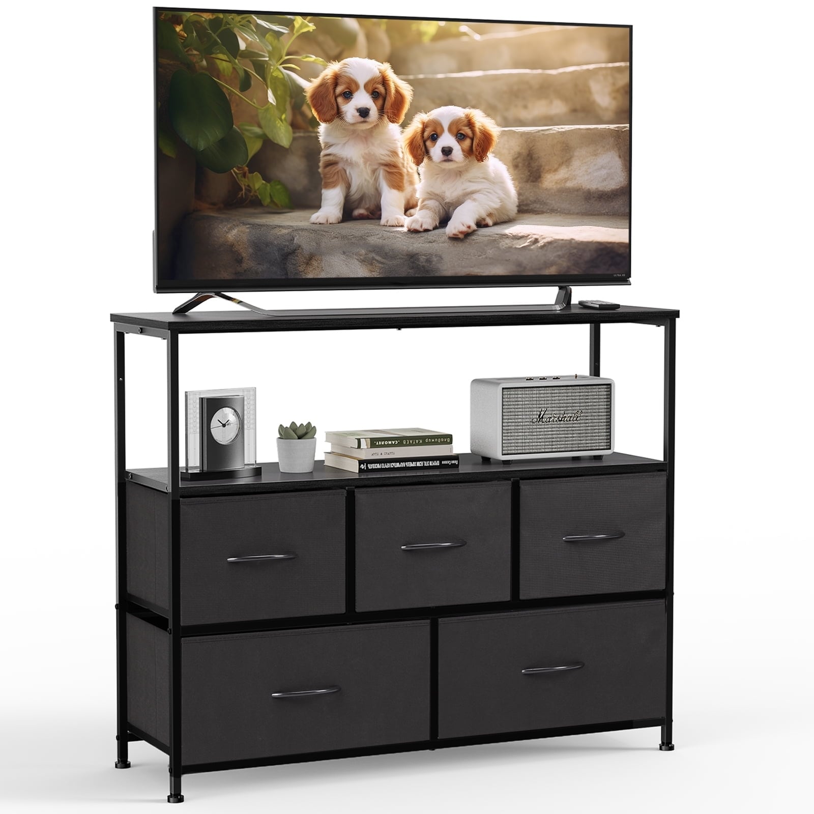 5-Drawer Fabric TV Stand with Adjustable Feet, Black MDF Cabinet for Bedroom Storage