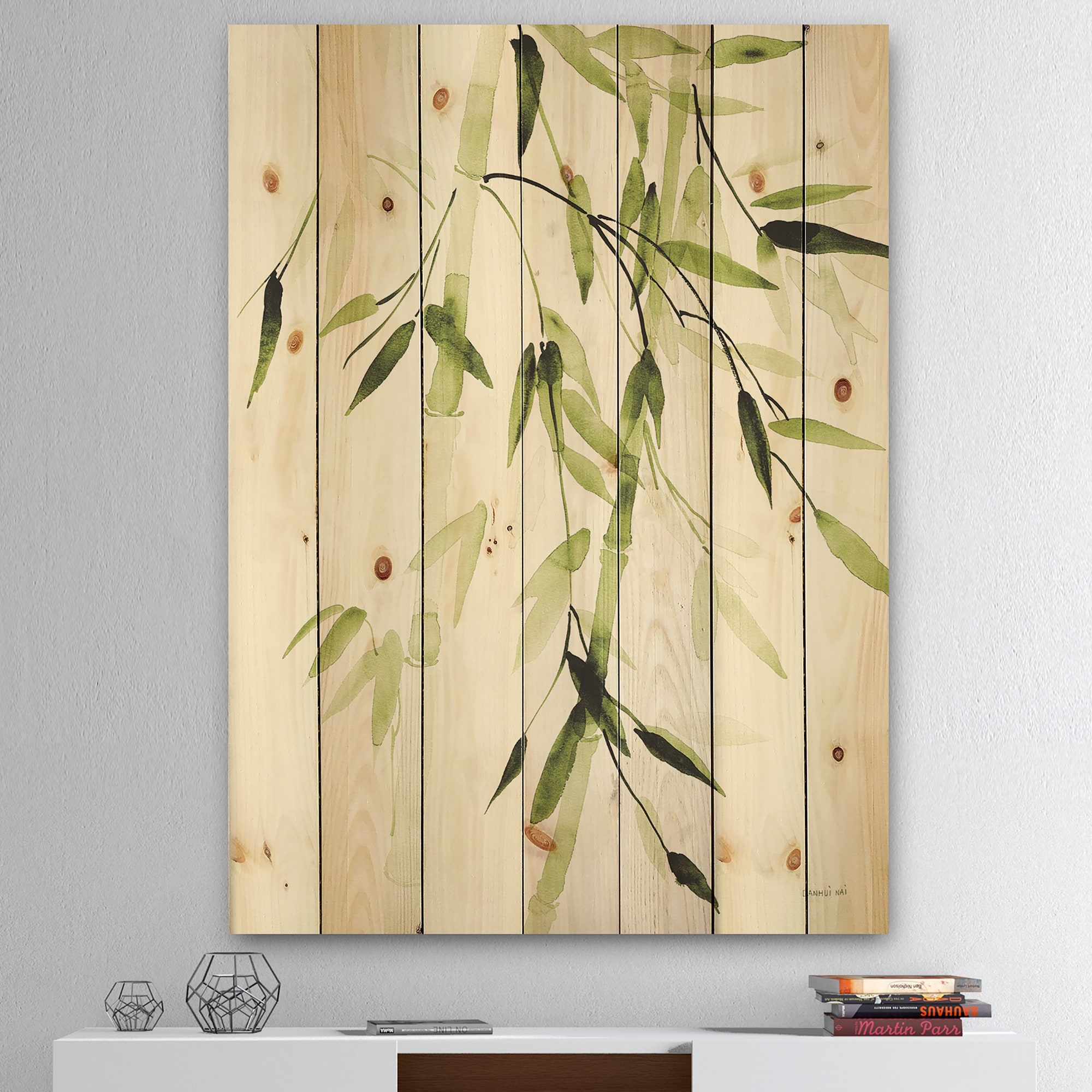 Designart 'Simplist Bamboo Leaves II' Lake House Print on Natural Pine Wood - Green
