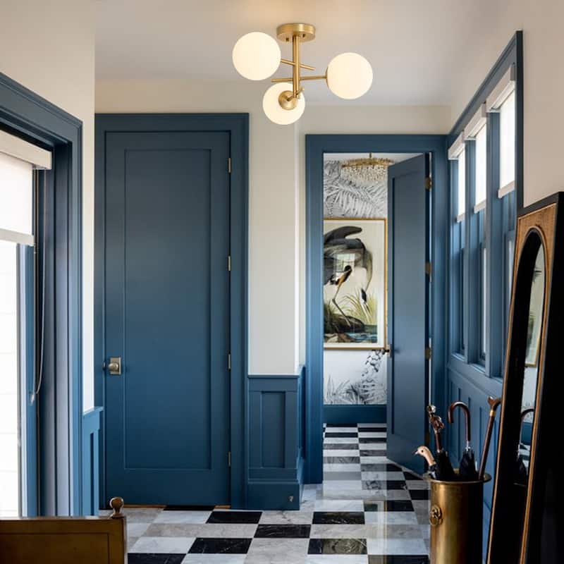 Mid-Century 3-Light Round Milky Glass Sputnik Semi Flush Ceiling Light