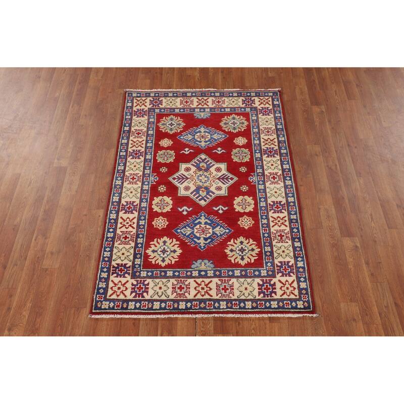 Red Geometric Kazak Oriental Foyer Rug Handmade Wool Carpet - 3'5" x 5'1"