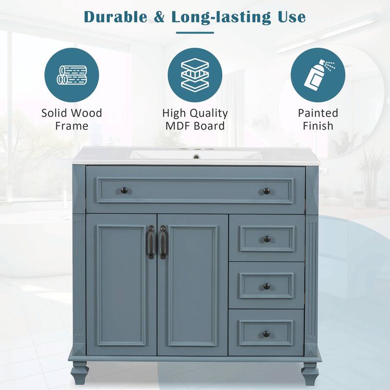 36" Bathroom Vanity with Sink, Cabinet, Flip-Out Drawer, 3 Drawers & 2 Soft-Close Doors