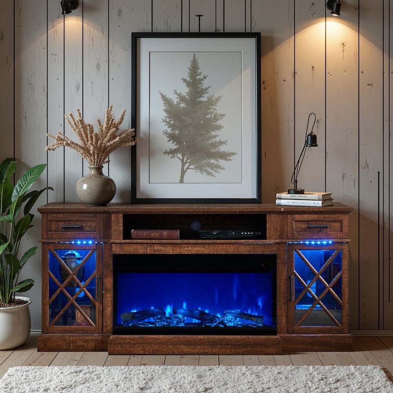 Farmhouse 3-Sided Electric Fireplace TV Stand, Entertainment Center - Reclaimed Barnwood