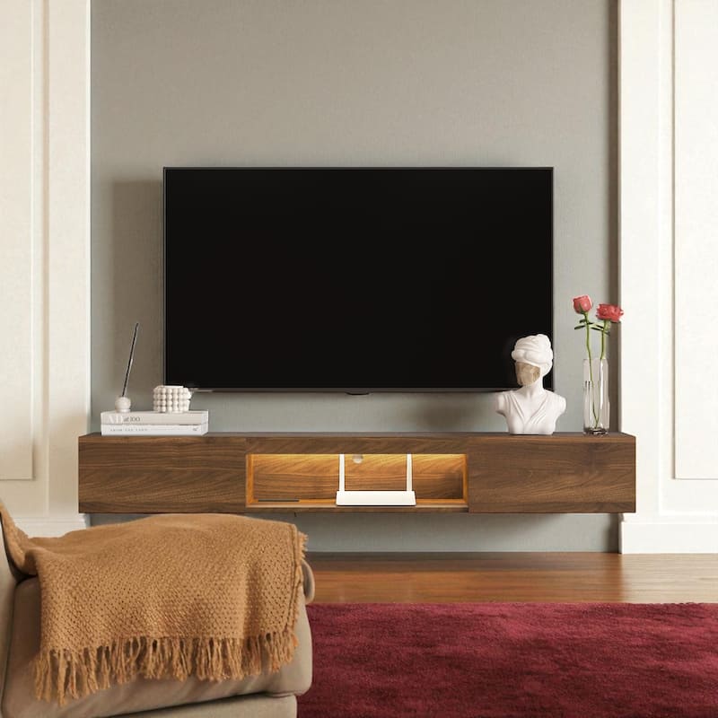 Floating Wall Mounted TV Stand with 16 Color LED Lights, 63" Modern Entertainment Cabinet for 55-65 Inch TVs