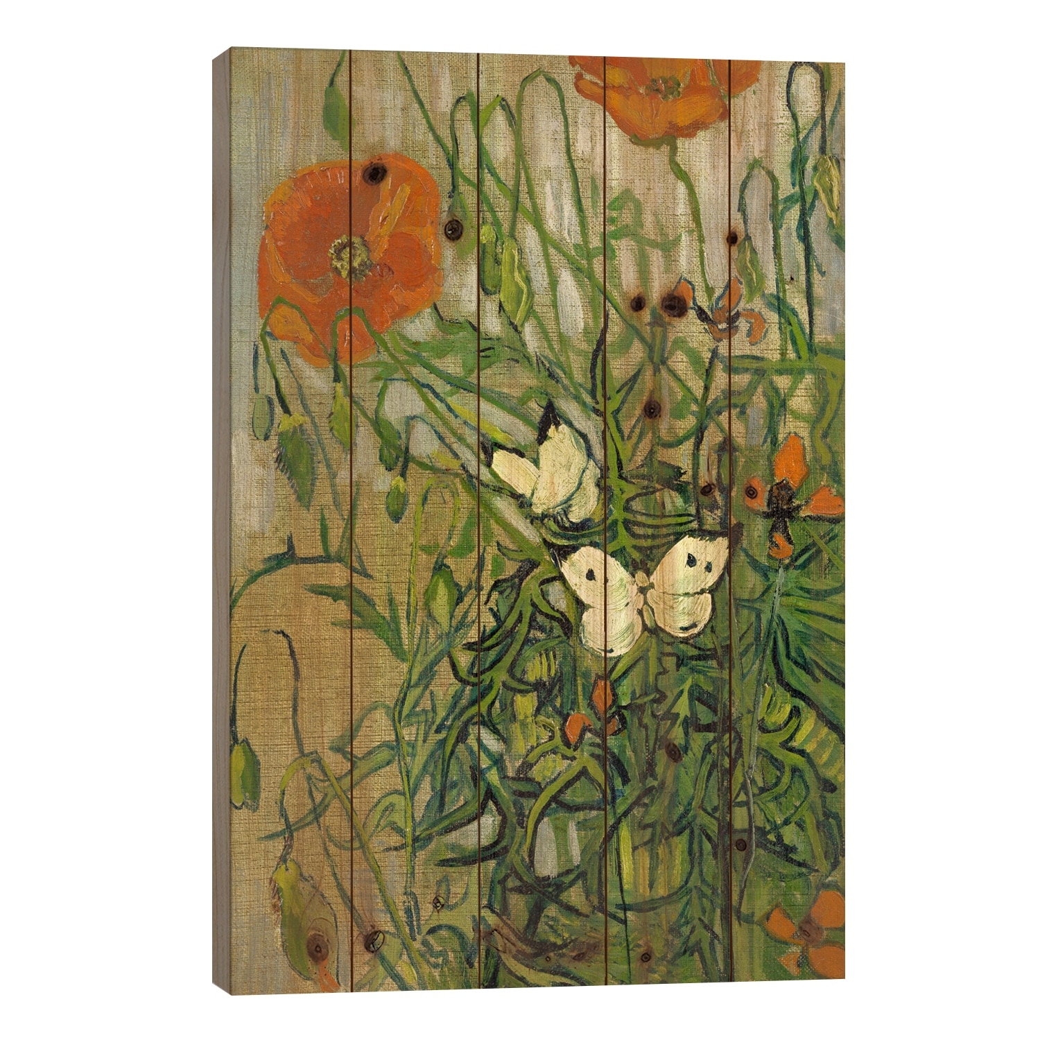 Butterflies and Poppies Print On Wood by Vincent van Gogh - Multi-Color