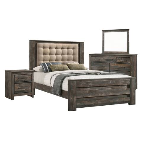 Upholstered Eastern King Bedroom Set in Latte and Weathered Dark Brown