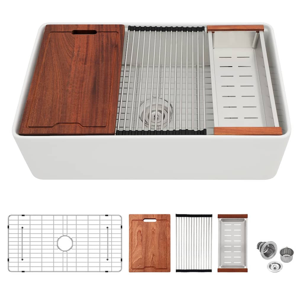 Kichae 33 Inch Ceramic Sink Undermount Workstation White Kitchen Sink - 33 in.W x 20 in.D x 10 in.H