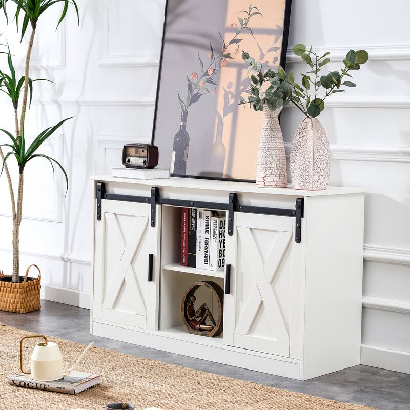 White 46.9" TV Stand with Two Sliding Barn Doors and 3-Layer Storage Space for Living Room