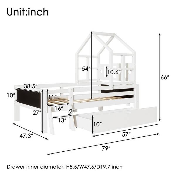 dimension image slide 0 of 2, Full Size House Bed with Ladder and Storage Drawers for Kid Bedroom,Solid Wood Platfrom Bedframe with 2 Blackboard Design
