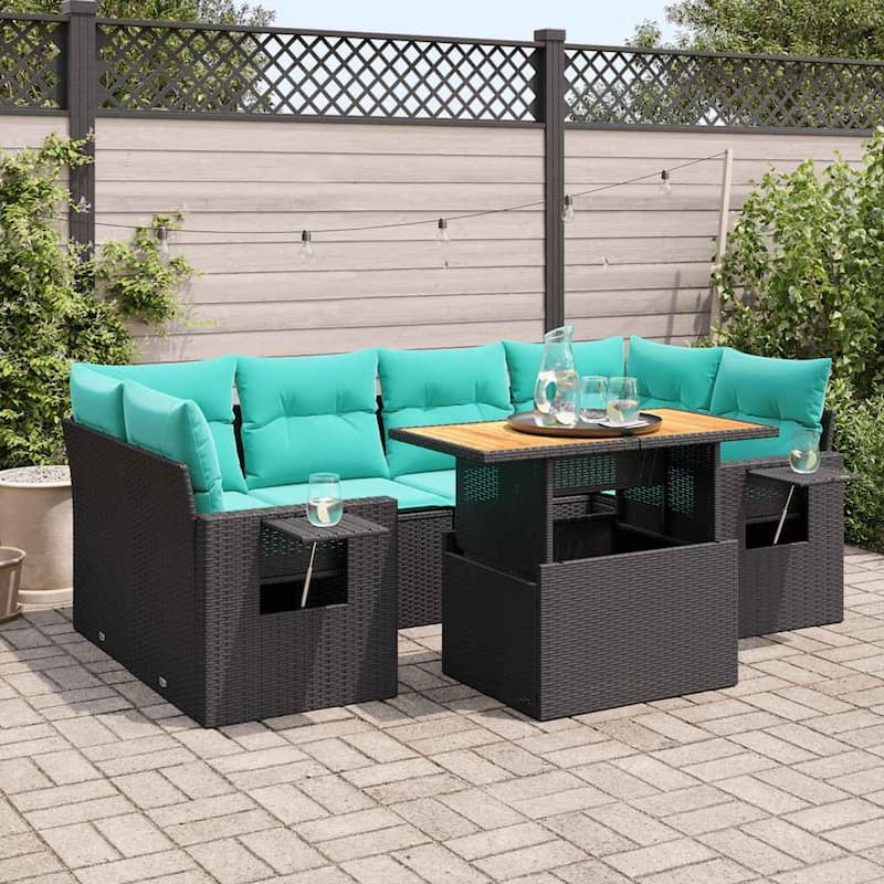 vidaXL Patio Sofa Set with Cushions Outdoor Furniture 7 Piece Poly Rattan - Black-with storage - 21.7 x 24.4 x 27.2