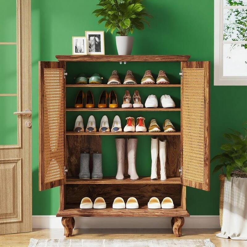Brown Rattan Shoe Cabinet with Adjustable Shelves and Solid Wood Legs for Entryway Storage - 29.53"W x 13.78"D x 43.31"H