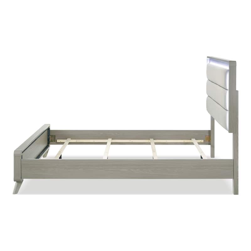 Furniture of America Thalia Modern Grey Wood Upholstered Panel Bed with LED on Headboard