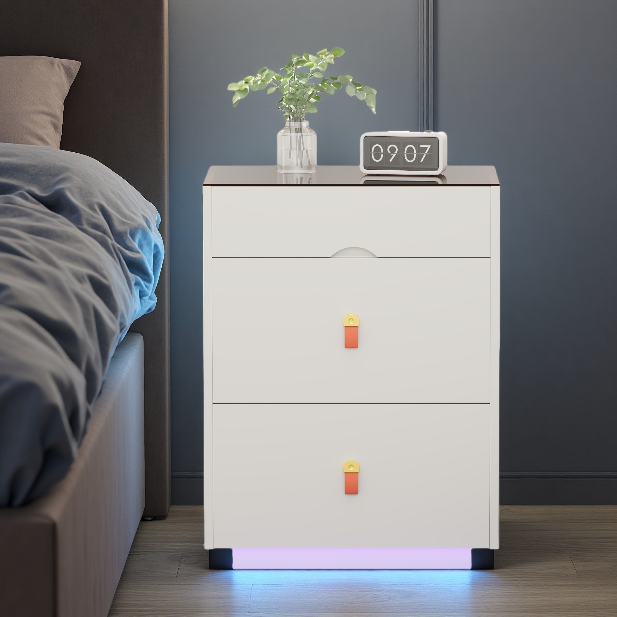23.6"L 3-Drawer Nightstand with LED Light, Glass Top Jewelry Storage, Faux Leather Handles, Modern Bedside Table with Storage
