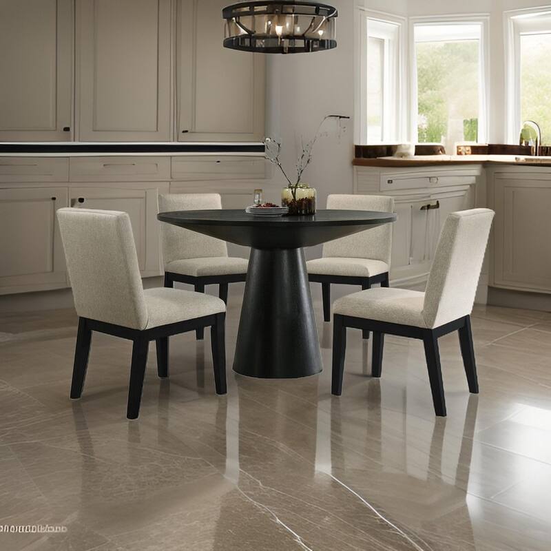 Yuvi 5 Piece Dining Table and Chair Set, Round Top, Beige Cushioned, Black