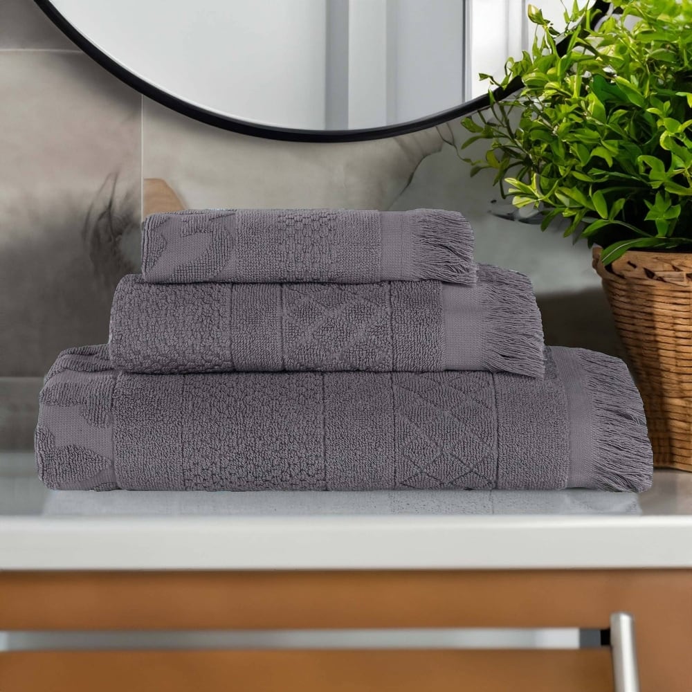Superior Rolla Cotton Geometric Jacquard Plush Soft 3 Piece Towel Set