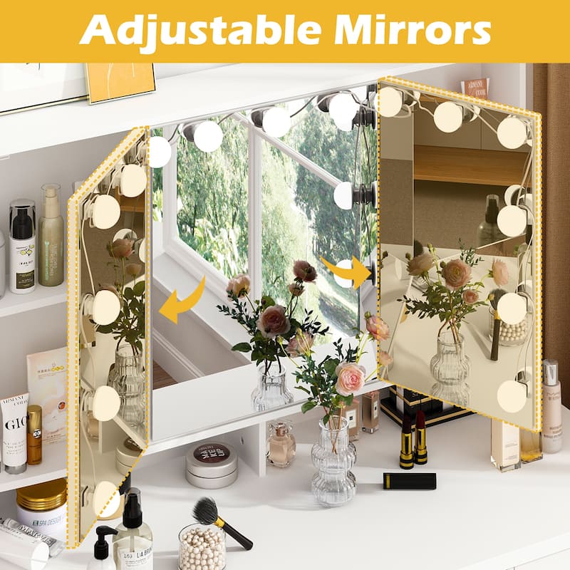 White Makeup Vanity - LED Mirror, USB-Powered Lights, Dresser Table