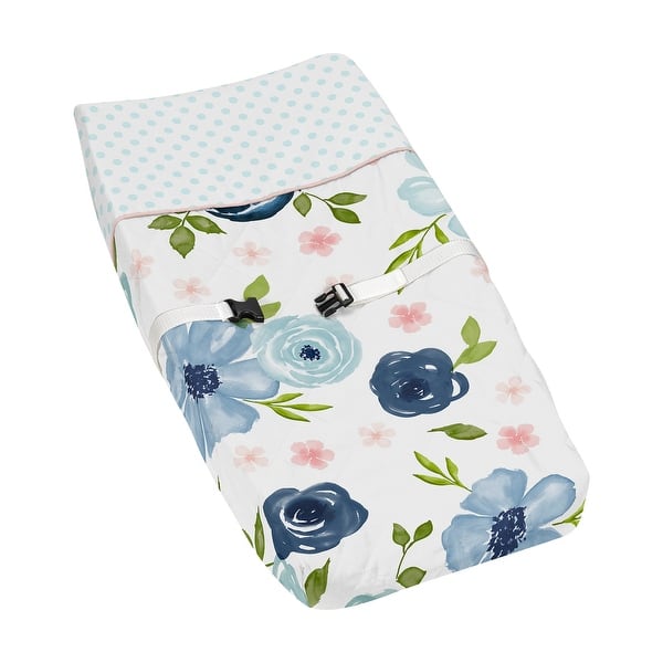 slide 2 of 6, Navy Blue Pink Watercolor Floral Girl Changing Pad Cover - Blush Green White Shabby Chic Flower Polka Dot