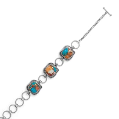 Curata 925 Sterling Silver Spiny Oyster and Turquoise Toggle Bracelet Cushion Cut Compressed Stones Measure 13m