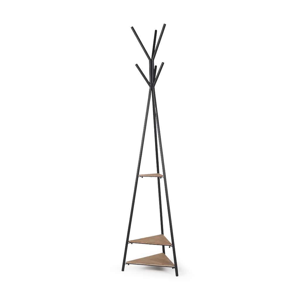 Everett Matte Black Metal w/ Two Wood Shelves Coat Rack - 16.8L x 16.8W x 71.0H