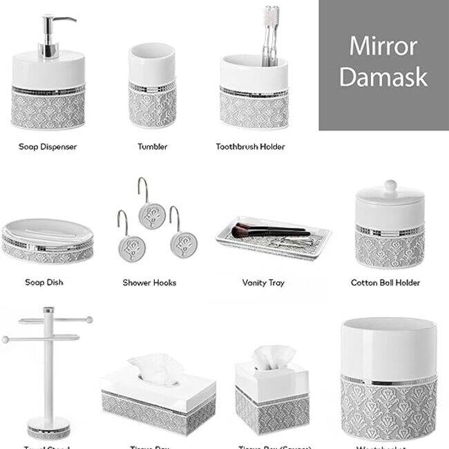 Creative Scents Mirror Damask White and Gray Bathroom Accessories Set of 6