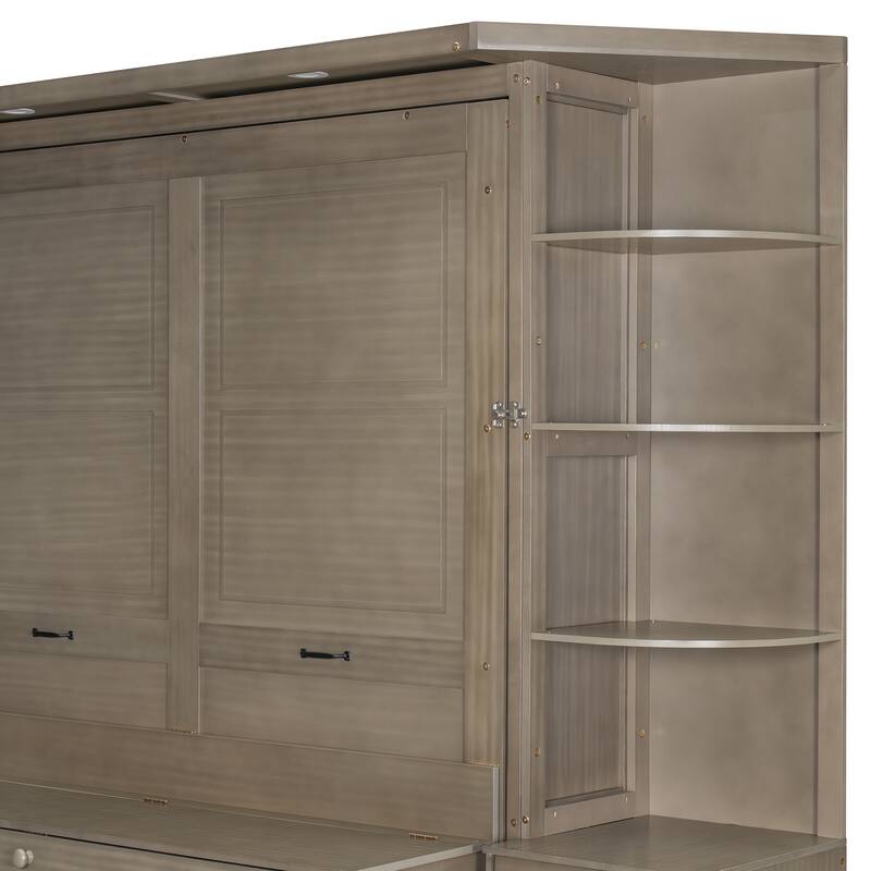 Queen Size Murphy Bed Wall Bed with Hidden Foldout Workstation, Side Open Shelves, Storage Cabinet and Drawers