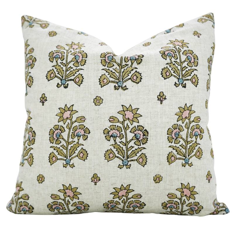 Fabdivine Floral Accent Linen Green Cushion Cover for Rustic Chairs or Bohemian Home Décor 18x18 Inch Farmhouse, Sadabahar