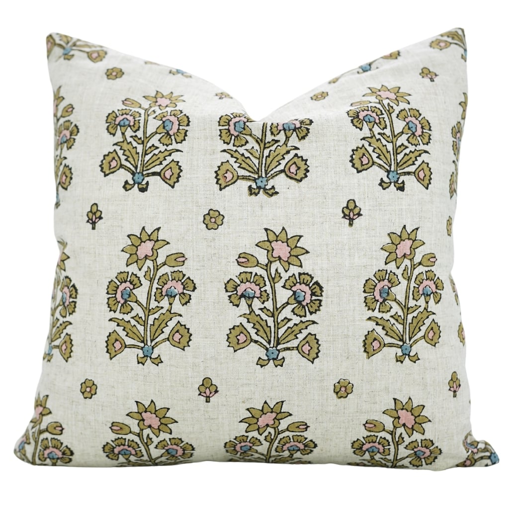 Fabdivine Floral Accent Linen Green Cushion Cover for Rustic Chairs or Bohemian Home Décor 26x26 Inch Farmhouse, Sadabahar