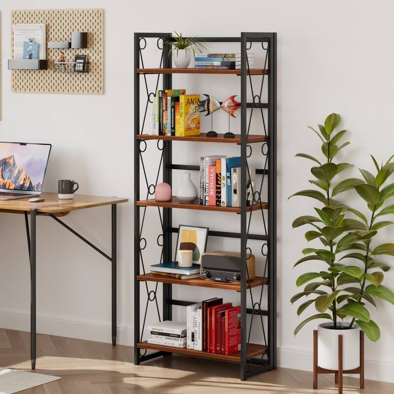 VECELO 62" Foldable 5-Tier Bookshelf Space Saving Tall Open Bookcase with MDF Shelves for Living Room Home Office Kitchen