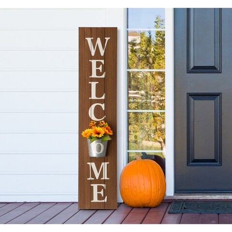 Glitzhome 42-inch Wooden Welcome Porch Sign with Metal Planter