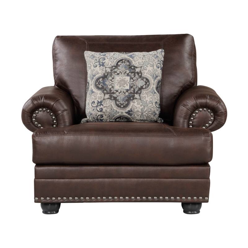 Jade 41 Inch Accent Chair, Rich Brown Microfiber, 1 Decor Pillow, Wood