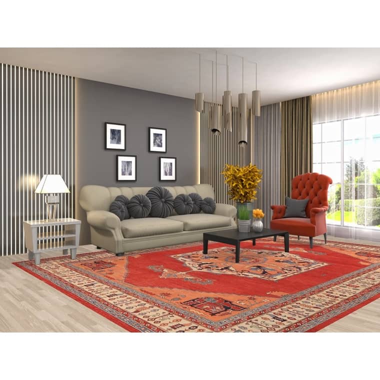 Geometric Heriz Serapi Vegetable Dye Area Rug Hand-Knotted Wool Carpet - 8'11" x 11'11"