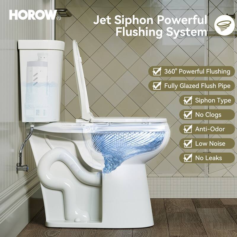 HOROW 19 Inch ADA Tall 2 Piece High Efficiency Dual Flush Round Toilet White 1.1 /1.6 GPF Strong Flush Seat Included