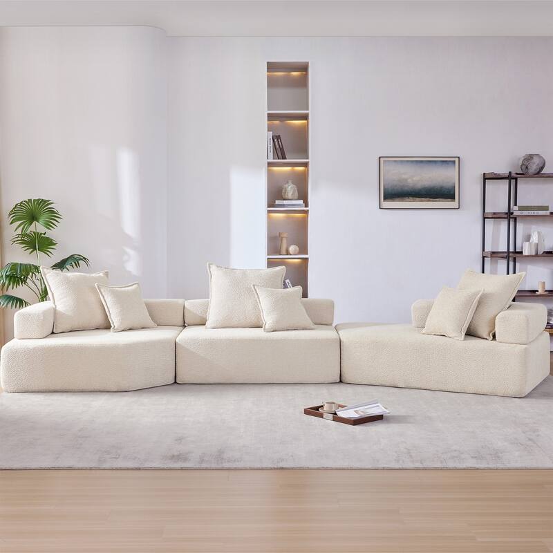 156" Boucle Modular Floor Sectional Sofa, 6 Pillows - Beige