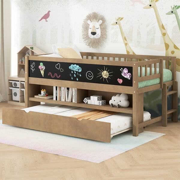 slide 2 of 25, Twin Size Low Loft Bed with Trundle and Blackboard, Wooden Loft Bedframe with Storage Shelves and Ladder Walnut